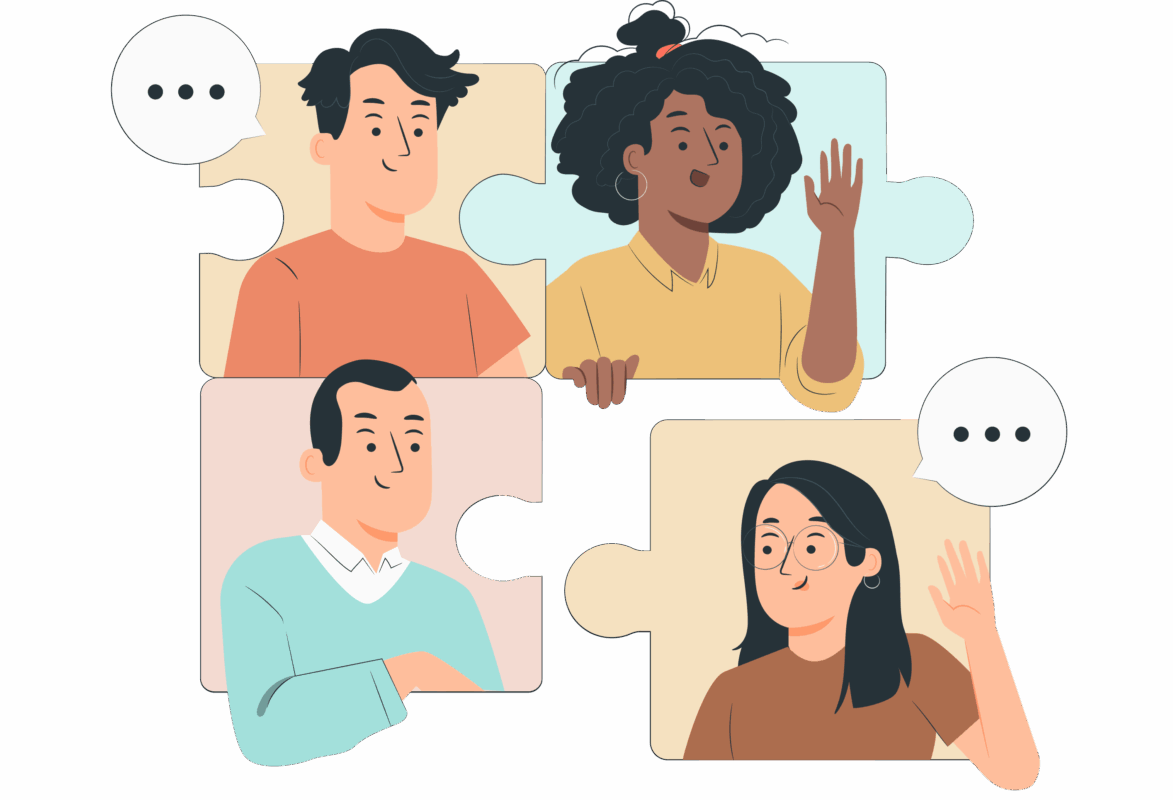 Grupo de personas conversando y compartiendo ideas, como piezas de un puzzle, simbolizando formación y aprendizaje colaborativo