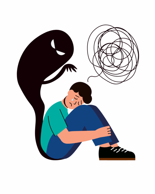 Niño sentado con expresión triste y una sombra oscura detrás, simbolizando el miedo, la ansiedad y el acompañamiento psicológico infantil para superar el trauma